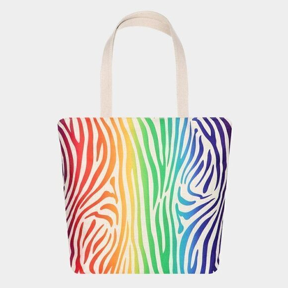 Zebra Pattern Printed Rainbow Canvas Tote Eco Bag - Picture 3 of 5
